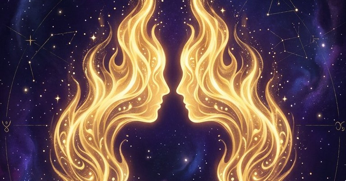 Two mirrored golden twin flames joined by an infinity symbol